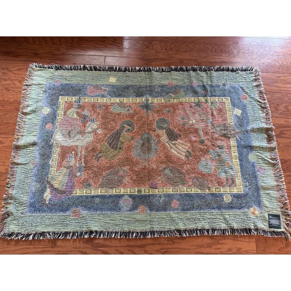 Vintage Christmas Angels Happy Bday Jesus Throw Blanket Tapestry Goodwin Weavers